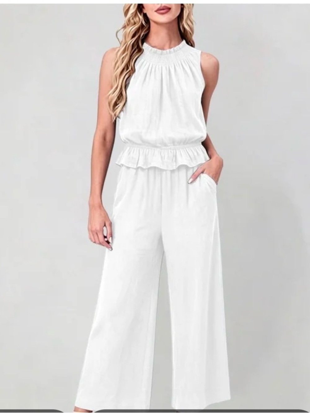 White Wide-Leg Two piece with Smocked Neck